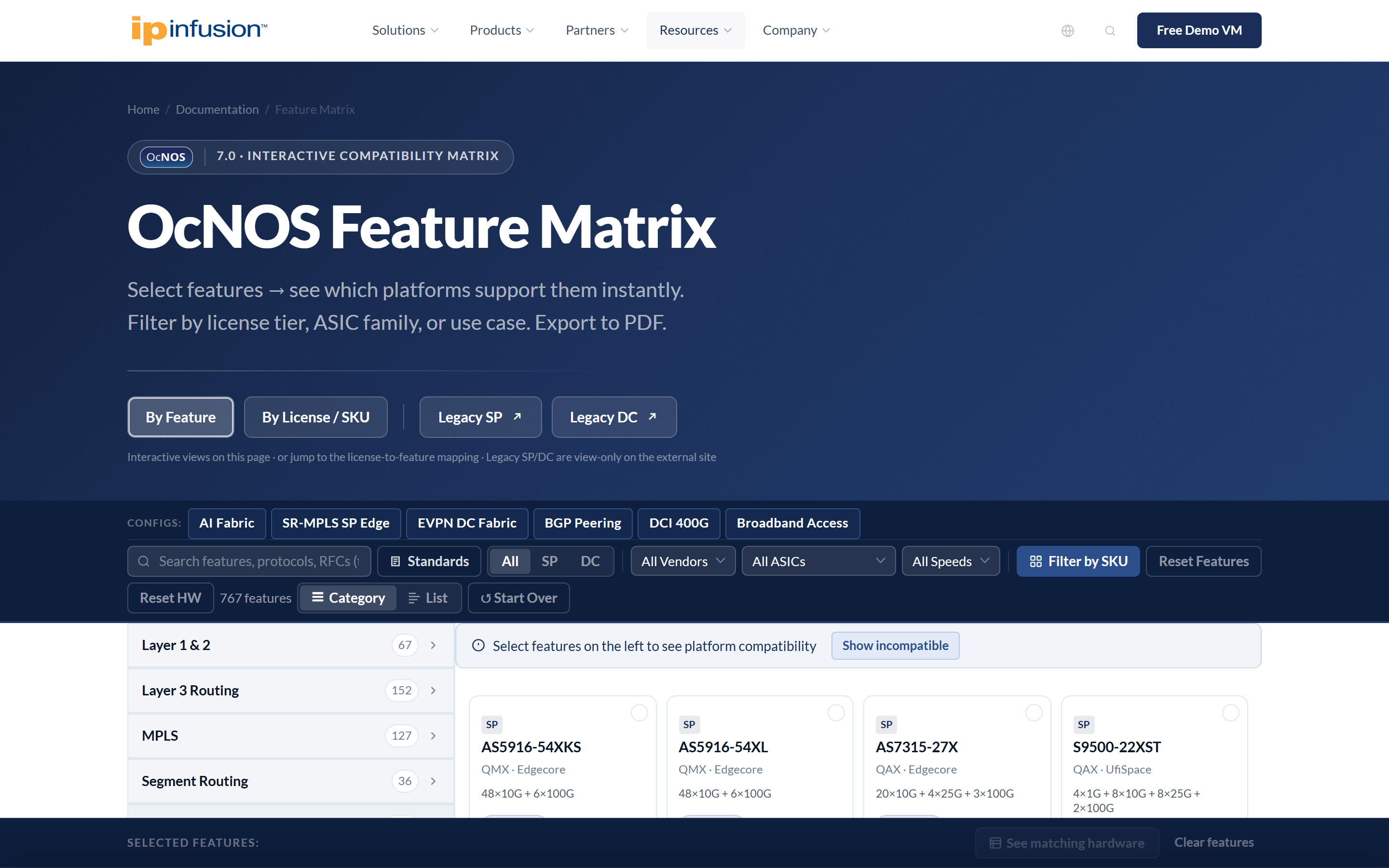 OcNOS Feature Matrix interface showing presets, categories, and platform cards
