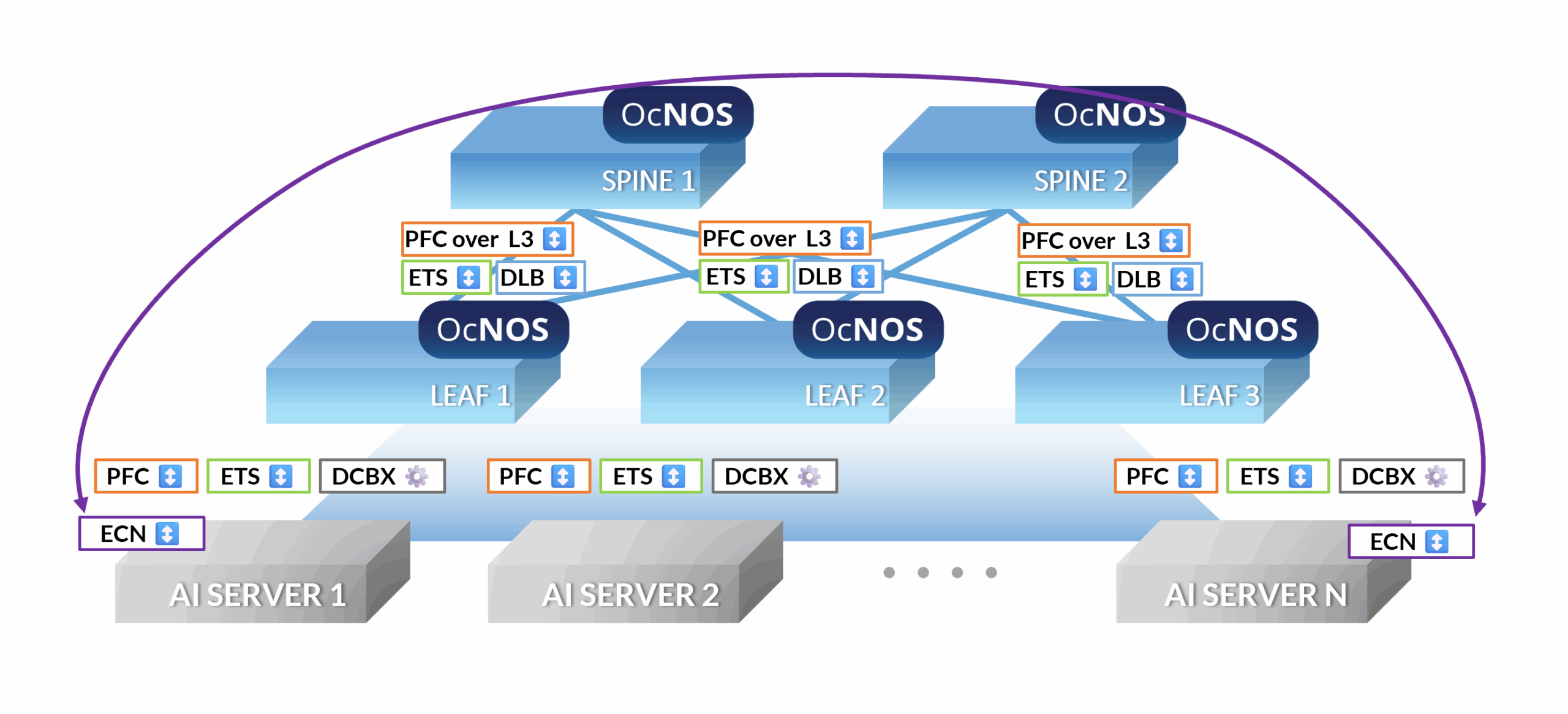 Simplified diagram of an OcNOS AI Fabric illustrating lossless communication pathways.