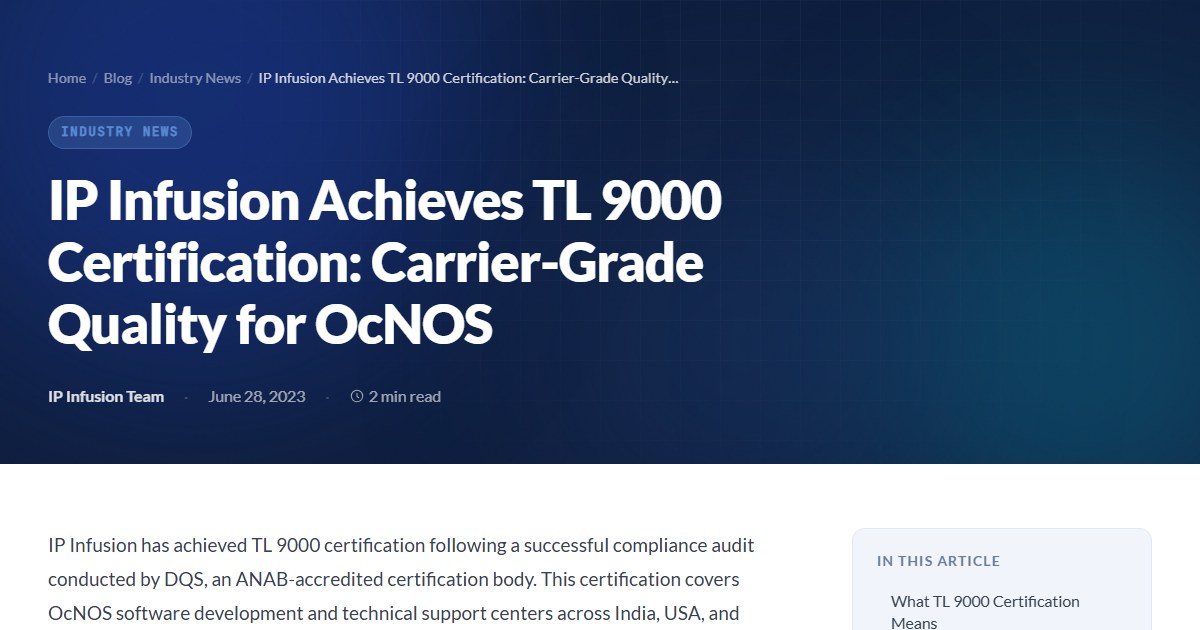 Tl Blog 6 IP Infusion Achieves TL 9000 Certification