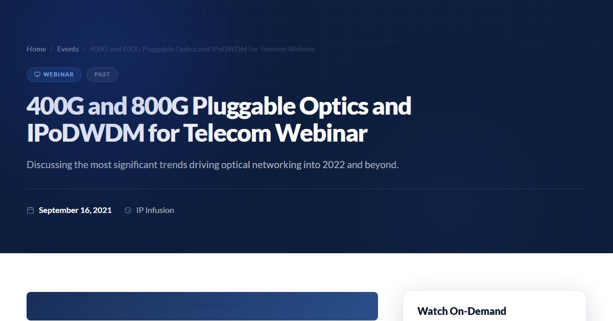 400G and 800G Pluggable Optics and IPoDWDM for Telecom Webinar — IP Infusion event banner