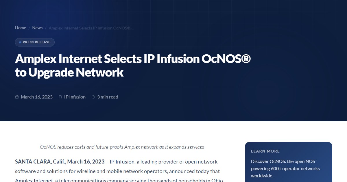Amplex Internet Selects IP Infusion OcNOS® to Upgrade Network | IP ...