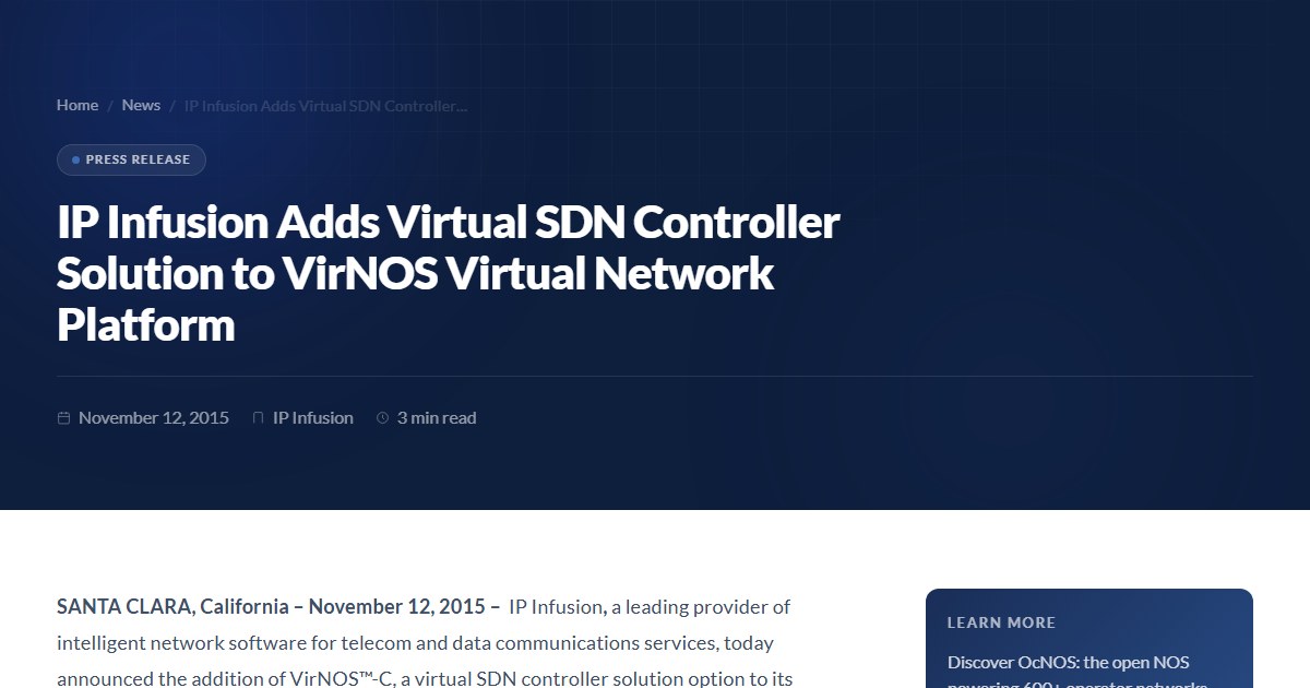 Infusions Virtual IP Infusion Adds Virtual SDN Controller Solution to VirNOS Virtual ...