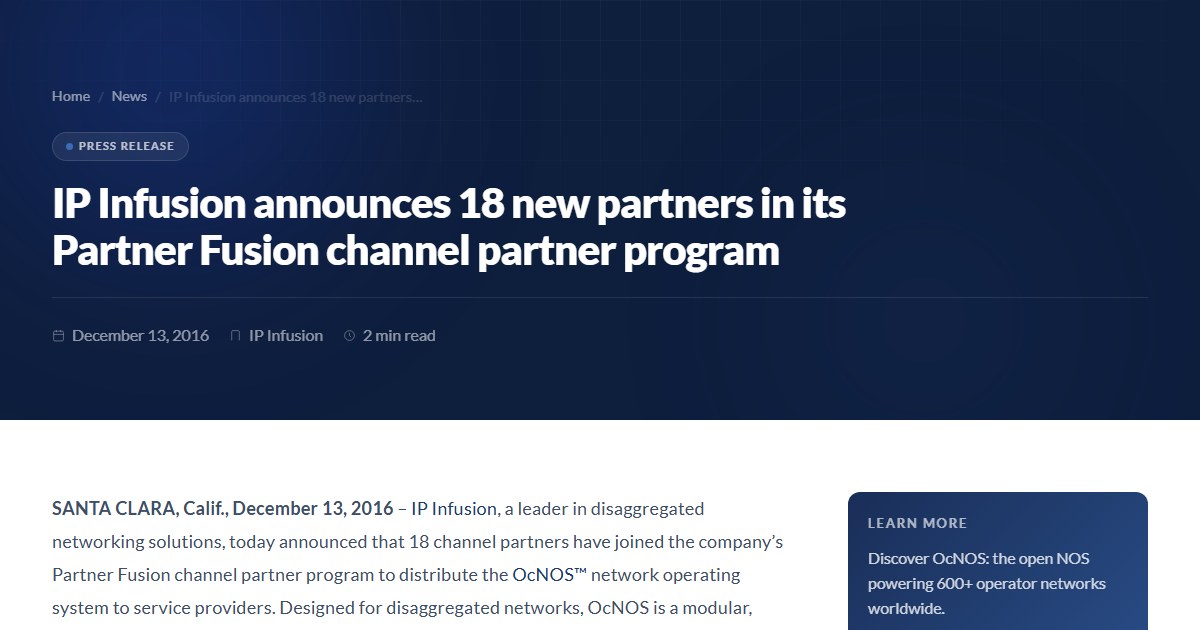 Partner Program Shots IP Infusion announces 18 new partners in its Partner Fusion channel ...