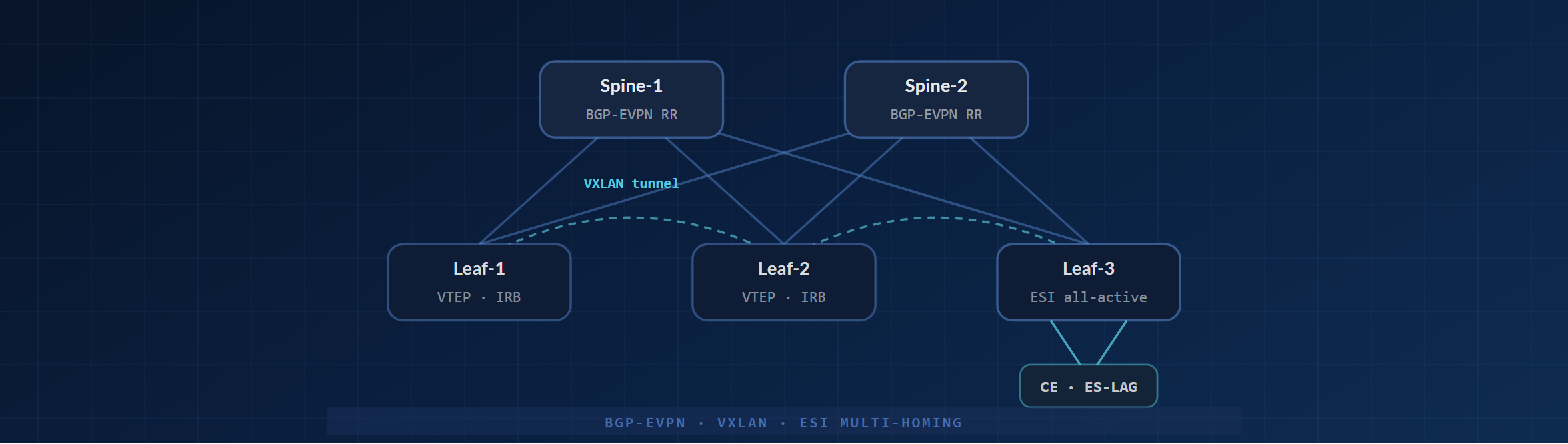 EVPN-VXLAN fabric topology with two spines, three leaves, VXLAN tunnels, and an ESI-multihomed customer edge