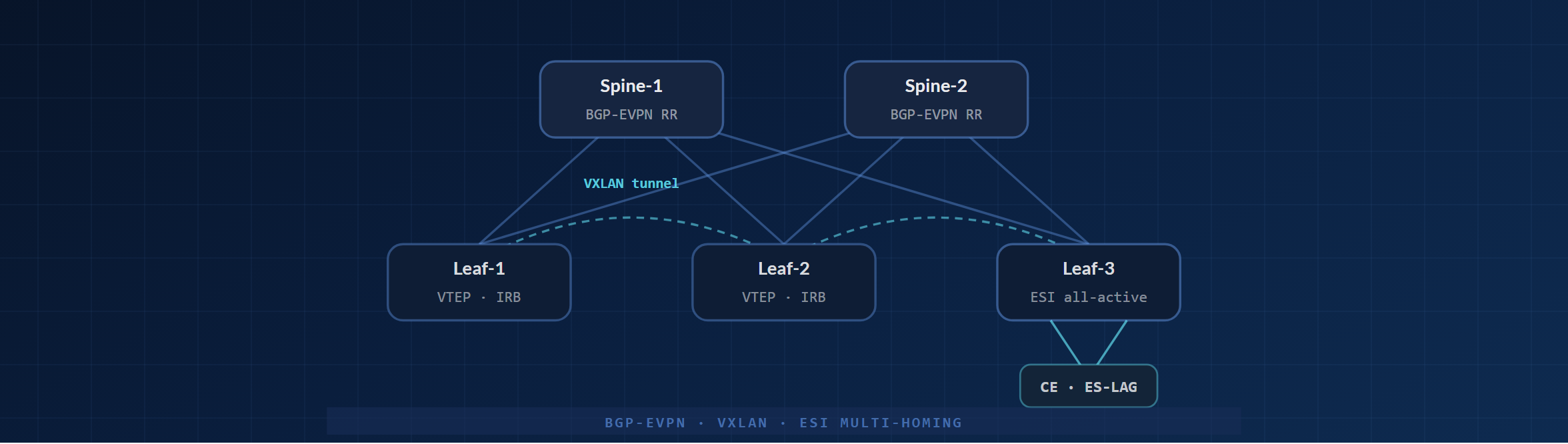 EVPN-VXLAN 网络拓扑：包含两台 spine、三台 leaf、VXLAN 隧道，以及一个 ESI 多归属的客户边缘