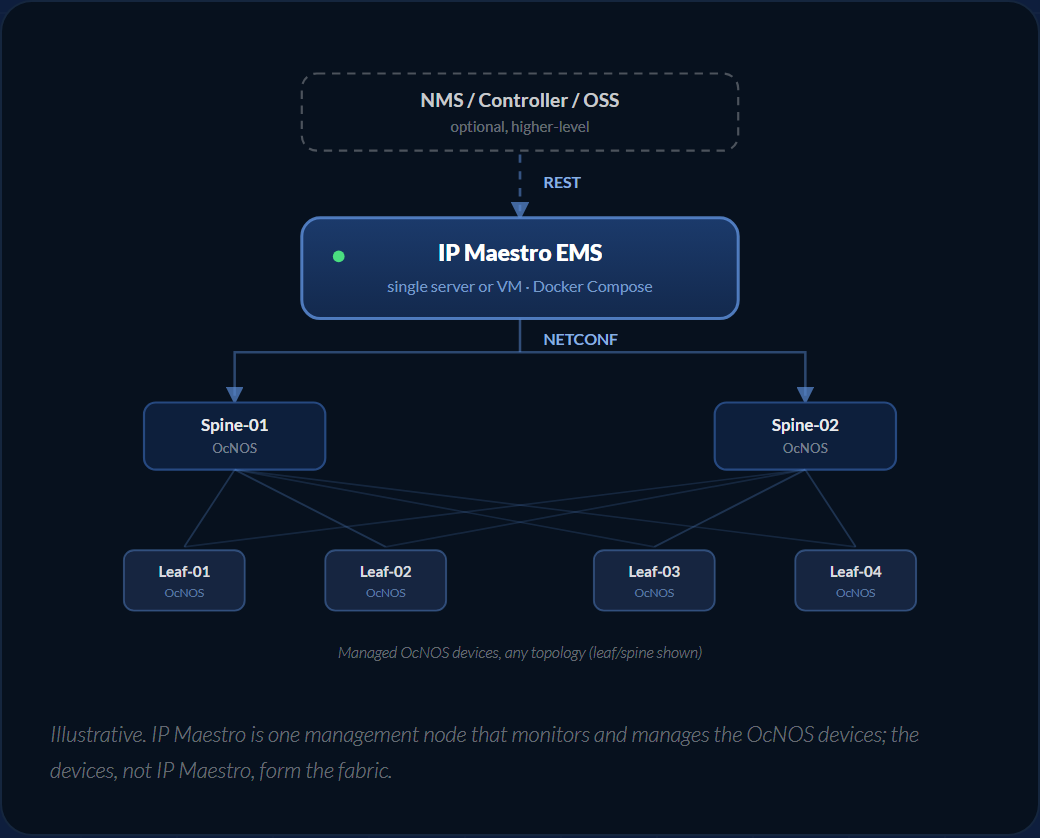 IP Maestro EMS アーキテクチャ:オプションのノースバウンド NMS または OSS が REST 経由で単一の IP Maestro インスタンスに接続し、そのインスタンスが NETCONF 経由で OcNOS のスパインおよびリーフ機器を管理します。